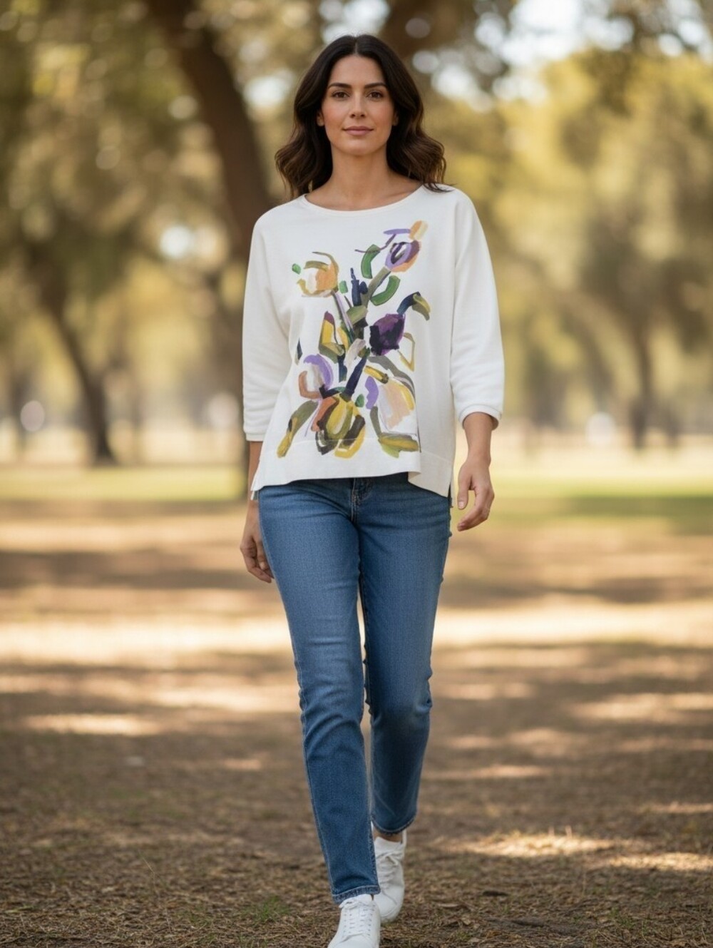 Poetry White Floral Art Sweatshirt 3/4 Sleeve Cotton Top Size UK 8 US 4